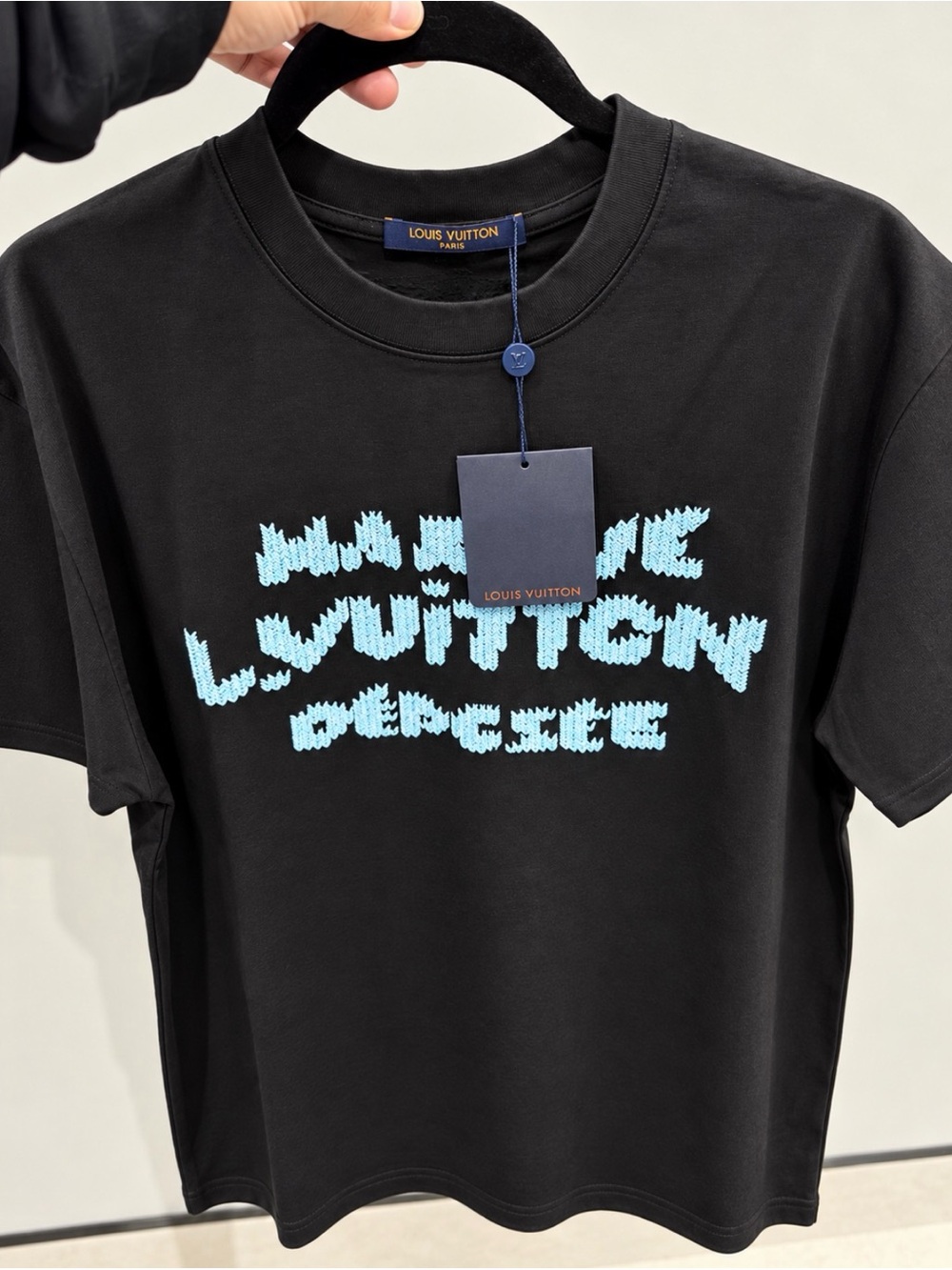 Louis Vuitton Black Tee with Light Blue Graphic Script